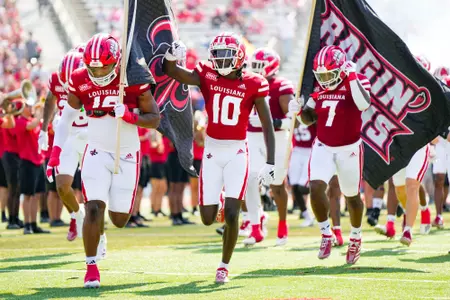Shadwel Nkuba II Runs out of the tunnel September 21, 2024 Louisiana vs Tulane Football in Lafayette, LA at Cajun Field. Final score Louisiana 33 Tulane 41. Photo by Benjamin R. Massey/Ragin’ Cajun Athletics