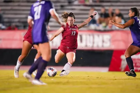 Megan Bradley shoots August 29, 2024 Louisiana Women's Soccer vs Northwestern State in Lafayette, LA at Home Bank Track and Soccer Complex. Final Score Louisiana 1 NSU 0. Photo by Benjamin R. Massey/Ragin’ Cajun Athletics