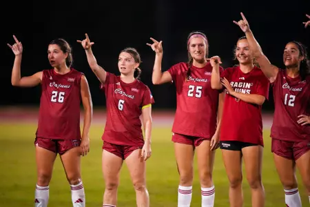 Team sings the fight song post game August 29, 2024 Louisiana Women's Soccer vs Northwestern State in Lafayette, LA at Home Bank Track and Soccer Complex. Final Score Louisiana 1 NSU 0. Photo by Benjamin R. Massey/Ragin’ Cajun Athletics