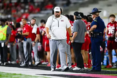 Steve Farmer on the sideline August 31, 2024 Louisiana vs Grambling Football in Lafayette, LA at Cajun Field. Final score Louisiana 40 Grambling State 10. Photo by Benjamin R. Massey/Ragin’ Cajun Athletics