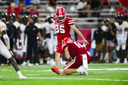 Tony Sterner kicks a field goal August 31, 2024 Louisiana vs Grambling Football in Lafayette, LA at Cajun Field. Final score Louisiana 40 Grambling State 10. Photo by Benjamin R. Massey/Ragin’ Cajun Athletics