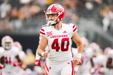 Hunter Sims Run out at Wake Forest September 28, 2024 Louisiana @ Wake Forest Football in Winston-Salem, NC at Allegacy Federal Credit Union Stadium. Final score Louisiana 41 Wake Forest 38. Photo by Benjamin R. Massey/Ragin’ Cajun Athletics