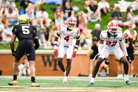 Tyree Skipper pre snap September 28, 2024 Louisiana @ Wake Forest Football in Winston-Salem, NC at Allegacy Federal Credit Union Stadium. Final score Louisiana 41 Wake Forest 38. Photo by Benjamin R. Massey/Ragin’ Cajun Athletics