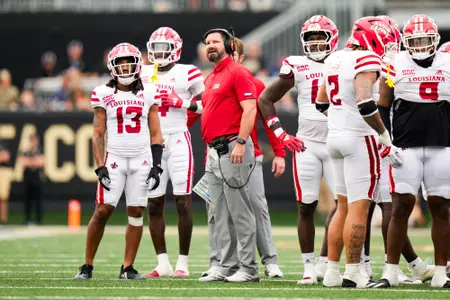 Michael Desormeaux on the sideline with the defense September 28, 2024 Louisiana @ Wake Forest Football in Winston-Salem, NC at Allegacy Federal Credit Union Stadium. Final score Louisiana 41 Wake Forest 38. Photo by Benjamin R. Massey/Ragin’ Cajun Athletics