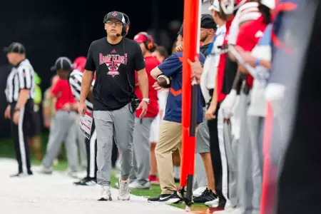 Jim Salgado on the sideline September 28, 2024 Louisiana @ Wake Forest Football in Winston-Salem, NC at Allegacy Federal Credit Union Stadium. Final score Louisiana 41 Wake Forest 38. Photo by Benjamin R. Massey/Ragin’ Cajun Athletics