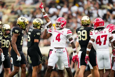 Tyree Skipper celebrates tackle September 28, 2024 Louisiana @ Wake Forest Football in Winston-Salem, NC at Allegacy Federal Credit Union Stadium. Final score Louisiana 41 Wake Forest 38. Photo by Benjamin R. Massey/Ragin’ Cajun Athletics