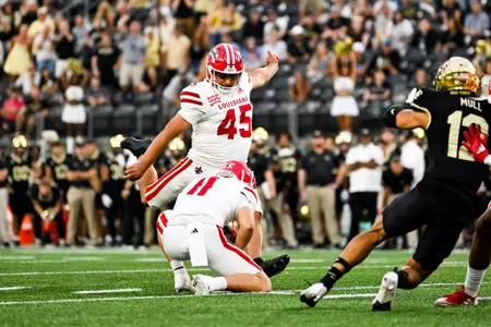 Kenneth Almendares kicks a go-ahead field goal September 28, 2024 Louisiana @ Wake Forest Football in Winston-Salem, NC at Allegacy Federal Credit Union Stadium. Final score Louisiana 41 Wake Forest 38. Photo by Benjamin R. Massey/Ragin’ Cajun Athletics