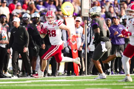 Caden Jensen after the catch December 28, 2025 Louisiana vs TCU Football in Albuquerque, New Mexico at the University of New Mexico, University Stadium for the New Mexico Bowl. Final score Louisiana 3 TCU 34. Photo by Benjamin R. Massey/Ragin’ Cajuns Athletics