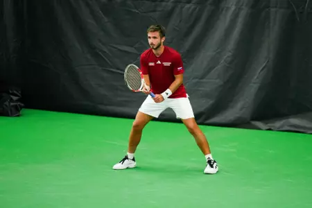 Samuel Kyjaci prepares to return a serve at LSU
