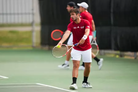 Samuel Kyjaci serve February 8, 2025 Louisiana vs. UT-Arlington Men’s Tennis at Cajun Courts in Lafayette, LA. Final score Louisiana 4 UTA 1. Photo by Benjamin R. Massey/Ragin’ Cajuns Athletics