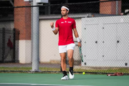 Oriol Fillat Gimenez celebrates February 8, 2025 Louisiana vs. UT-Arlington Men’s Tennis at Cajun Courts in Lafayette, LA. Final score Louisiana 4 UTA 1. Photo by Benjamin R. Massey/Ragin’ Cajuns Athletics