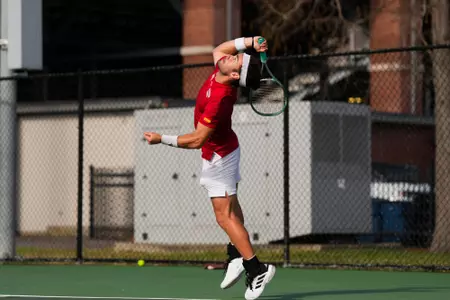 Oriol Fillat Gimenez serve February 8, 2025 Louisiana vs. UT-Arlington Men’s Tennis at Cajun Courts in Lafayette, LA. Final score Louisiana 4 UTA 1. Photo by Benjamin R. Massey/Ragin’ Cajuns Athletics