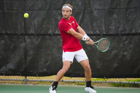 Oriol Fillat Gimenez February 8, 2025 Louisiana vs. UT-Arlington Men’s Tennis at Cajun Courts in Lafayette, LA. Final score Louisiana 4 UTA 1. Photo by Benjamin R. Massey/Ragin’ Cajuns Athletics
