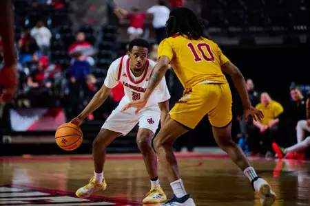 Kentrell Garnett dribbles January 11, 2025 Louisiana vs ULM Men's Basketball in Lafayette, LA at the Cajundome. Final score Louisiana 71 ULM 68. Photo by JC Orillion/Ragin’ Cajuns Athletics