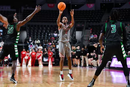 Kentrell Garnett shoots February 15, 2025 Louisiana vs Marshall Men's Basketball in Lafayette, LA at the Cajundome. Final score Louisiana 79 Marshall 68. Photo by Benjamin R. Massey/Ragin’ Cajuns Athletics