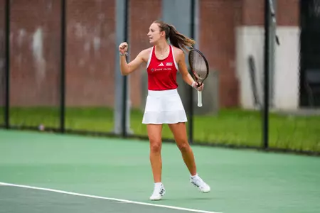 Angelique Berrat celebrates February 18, 2025 Louisiana vs. McNeese Women’s Tennis at Cajun Courts in Lafayette, LA. Final score POSTPONED. Photo by Benjamin R. Massey/Ragin’ Cajuns Athletics