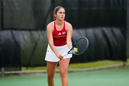 Rocio Navarro serve February 18, 2025 Louisiana vs. McNeese Women’s Tennis at Cajun Courts in Lafayette, LA. Final score POSTPONED. Photo by Benjamin R. Massey/Ragin’ Cajuns Athletics