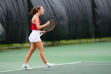 Angelique Berrat celebrates February 18, 2025 Louisiana vs. McNeese Women’s Tennis at Cajun Courts in Lafayette, LA. Final score POSTPONED. Photo by Benjamin R. Massey/Ragin’ Cajuns Athletics