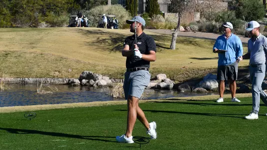 Eli Ortego tees off on Tuesday at Lake Las Vegas Invitational