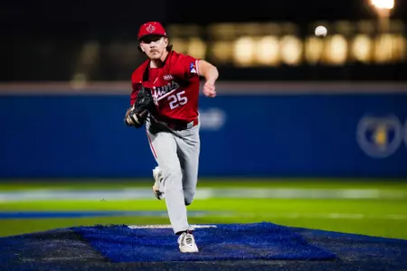 Riley Marcotte pitching February 25, 2025 Louisiana @ McNeese Baseball in Joe Miller Ballpark in Lake Charles, LA. Final Score Louisiana 0 McNeese 3. Photo by Benjamin R. Massey/Ragin’ Cajuns Athletics