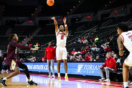 Kentrell Garnett shoots January 23, 2025 Louisiana vs Texas State Men's Basketball in Lafayette, LA at the Cajundome. Final score Louisiana 74 Texas State 89. Photo by Benjamin R. Massey/Ragin’ Cajuns Athletics
