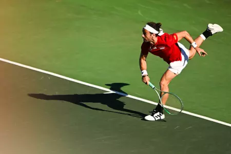 Oriol Fillat Gimenez serve February 1, 2025 Louisiana vs. UT-Tyler Men’s Tennis at Cajun Courts in Lafayette, LA. Final score Louisiana 5 UT-Tyler 2. Photo by Benjamin R. Massey/Ragin’ Cajuns Athletics