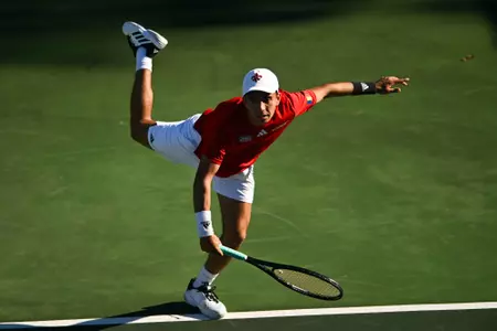 Darius Balan high contrast February 1, 2025 Louisiana vs. UT-Tyler Men’s Tennis at Cajun Courts in Lafayette, LA. Final score Louisiana 5 UT-Tyler 2. Photo by Benjamin R. Massey/Ragin’ Cajuns Athletics
