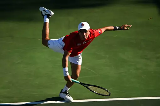 Darius Balan high contrast February 1, 2025 Louisiana vs. UT-Tyler Men’s Tennis at Cajun Courts in Lafayette, LA. Final score Louisiana 5 UT-Tyler 2. Photo by Benjamin R. Massey/Ragin’ Cajuns Athletics