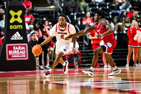 Kentrell Garnett dribbles February 1, 2025 Louisiana vs South Alabama Men's Basketball in Lafayette, LA at the Cajundome. Final score Louisiana 58 USA 62. Photo by Benjamin R. Massey/Ragin’ Cajuns Athletics