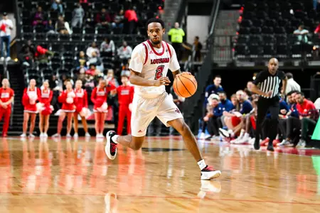 Kentrell Garnett dribbles February 1, 2025 Louisiana vs South Alabama Men's Basketball in Lafayette, LA at the Cajundome. Final score Louisiana 58 USA 62. Photo by Benjamin R. Massey/Ragin’ Cajuns Athletics