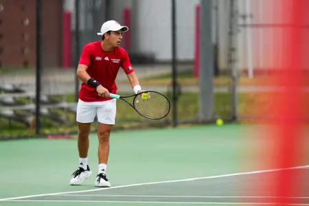 Darius Balan serve February 7, 2025 Louisiana vs. Southern Arkansas Men’s Tennis at Cajun Courts in Lafayette, LA. Final score Louisiana 4 Southern Arkansas 0. Photo by Benjamin R. Massey/Ragin’ Cajuns Athletics