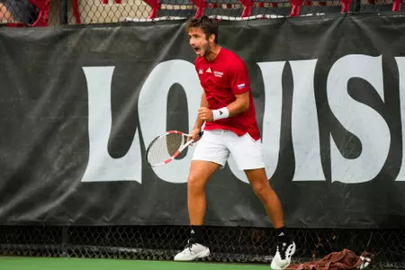 Samuel Kyjaci celebrates February 7, 2025 Louisiana vs. Southern Arkansas Men’s Tennis at Cajun Courts in Lafayette, LA. Final score Louisiana 4 Southern Arkansas 0. Photo by Benjamin R. Massey/Ragin’ Cajuns Athletics