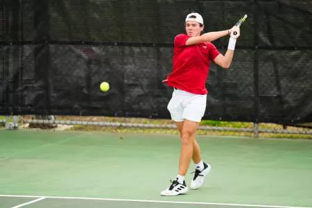 Mason Landreth February 7, 2025 Louisiana vs. Southern Arkansas Men’s Tennis at Cajun Courts in Lafayette, LA. Final score Louisiana 4 Southern Arkansas 0. Photo by Benjamin R. Massey/Ragin’ Cajuns Athletics