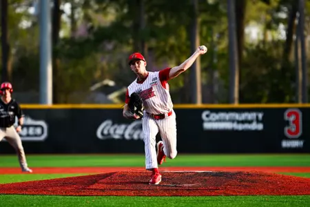 Riley Marcotte pitching March 15, 2025 Louisiana vs Troy Baseball Game 2 in Russo Park at M.L. "Tigue" Moore Field. Final Score Louisiana 5 Troy 8. Photo by Benjamin R. Massey/Ragin’ Cajuns Athletics
