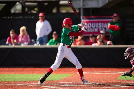 Brooks Wright at bat March 16, 2025 Louisiana vs Troy Baseball Game 3 in Russo Park at M.L. "Tigue" Moore Field. Final Score Louisiana 18 Troy 14. Photo by Benjamin R. Massey/Ragin’ Cajuns Athletics