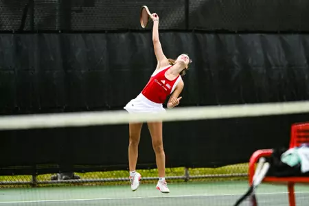 Angelique Berrat serve March 11, 2025 Louisiana vs. Arkansas State Women’s Tennis at Cajun Courts in Lafayette, LA. Final score Louisiana 0 Arkansas State 4. Photo by Benjamin R. Massey/Ragin’ Cajuns Athletics