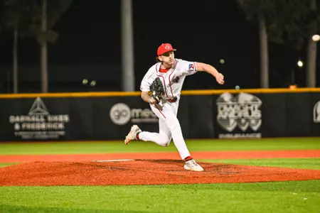 Riley Marcotte pitching February 26, 2025 Louisiana vs Southeastern LA Baseball in Russo Park at M.L. "Tigue" Moore Field. Final Score Louisiana 9 Southeastern LA 7. Photo by Marco Butler/Ragin’ Cajuns Athletics