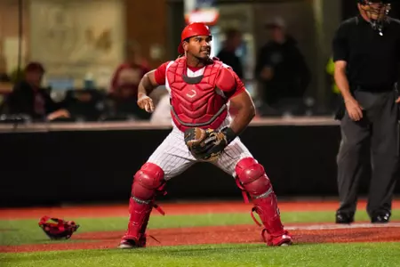 Jose Torres catching April 8, 2025 Louisiana vs UTRGV Baseball in Russo Park at M.L. "Tigue" Moore Field. Final Score Louisiana 7 UTRGV 9. Photo by Benjamin R. Massey/Ragin’ Cajuns Athletics