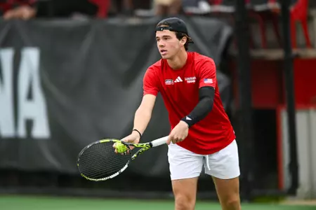 Mason Landreth April 6, 2025 Louisiana vs. Troy Men’s Tennis at Cajun Courts in Lafayette, LA. Final score Louisiana 3 Troy 4. Photo by Benjamin R. Massey/Ragin’ Cajuns Athletics