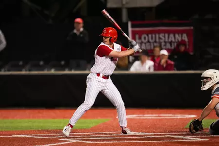 Blaine Lucas at bat April 8, 2025 Louisiana vs UTRGV Baseball in Russo Park at M.L. "Tigue" Moore Field. Final Score Louisiana 7 UTRGV 9. Photo by Benjamin R. Massey/Ragin’ Cajuns Athletics