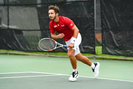 Samuel Kyjaci April 6, 2025 Louisiana vs. Troy Men’s Tennis at Cajun Courts in Lafayette, LA. Final score Louisiana 3 Troy 4. Photo by Benjamin R. Massey/Ragin’ Cajuns Athletics