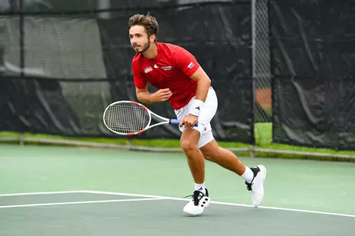Samuel Kyjaci April 6, 2025 Louisiana vs. Troy Men’s Tennis at Cajun Courts in Lafayette, LA. Final score Louisiana 3 Troy 4. Photo by Benjamin R. Massey/Ragin’ Cajuns Athletics