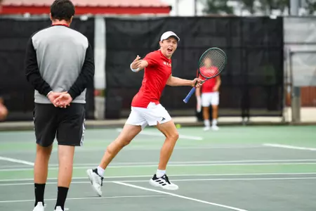 Leonard Tramolay celebrates April 6, 2025 Louisiana vs. Troy Men’s Tennis at Cajun Courts in Lafayette, LA. Final score Louisiana 3 Troy 4. Photo by Benjamin R. Massey/Ragin’ Cajuns Athletics