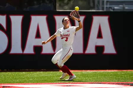 Maddie Hayden fielding April 13, 2025 Louisiana vs. James Madison University Softball Game 3 in Lamson Park at Yvette Girouard Field in Lafayette, LA. Final score Louisiana 9 JMU 2. Photo by Benjamin R. Massey/Ragin’ Cajuns Athletics
