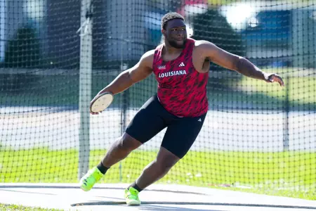 Praiyer Jones Men’s Discus March 21, 2025 Track & Field Louisiana Classic Meet in Lafayette, LA at the Home Bank Track Facility. Photo by Mikey White/Ragin’ Cajuns Athletics