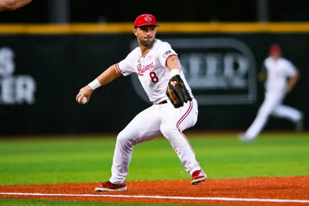 Lee Amedee fielding May 16, 2025 Louisiana vs Arkansas State Baseball Game 2 in Russo Park at M.L. "Tigue" Moore Field. Final Score Louisiana 3 Arkansas State 13. Photo by Benjamin R. Massey/Ragin’ Cajuns Athletics