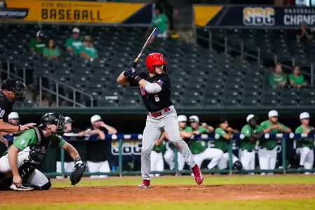 Mark Collins at bat May 21, 2025 Louisiana vs. Marshall Baseball in Montgomery Riverwalk Stadium in Montgomery, AL in the Sun Belt Conference Opening Round. Final score Louisiana 5 Marshall 9. Photo by Benjamin R. Massey/Ragin’ Cajuns Athletics