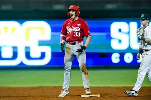 Conor Higgs celebrates double May 23, 2025 Louisiana vs. Marshall Baseball in Montgomery Riverwalk Stadium in Montgomery, AL in the Sun Belt Conference Elimination Game. Final score Louisiana 13 Marshall 17. Photo by Benjamin R. Massey/Ragin’ Cajuns Athletics