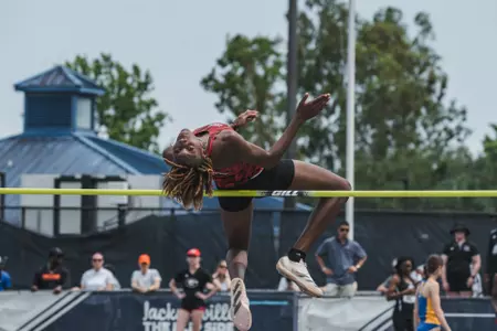 Alaysha Veal competes in the high jump at the NCAA East Regional