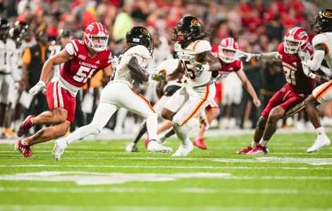 Hayden Darbonne pass rush August 31, 2024 Louisiana vs Grambling Football in Lafayette, LA at Cajun Field. Final score Louisiana 30 Grambling State 10. Photo by Marco Butler/Ragin’ Cajun Athletics